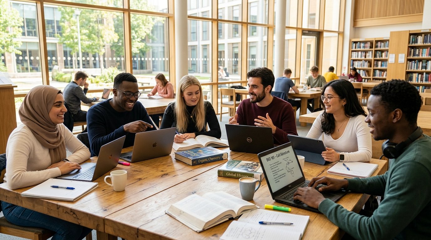 Students studying together in modern library