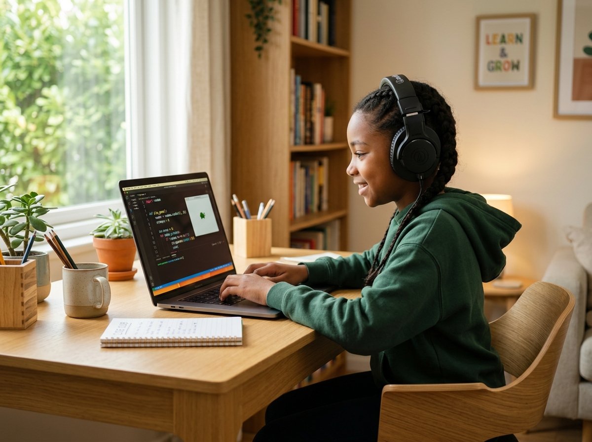 Student learning Python coding with headphones on laptop