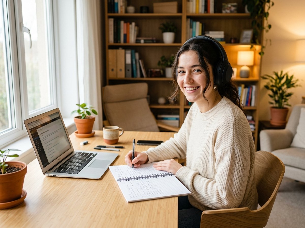 Happy student studying with headphones and laptop