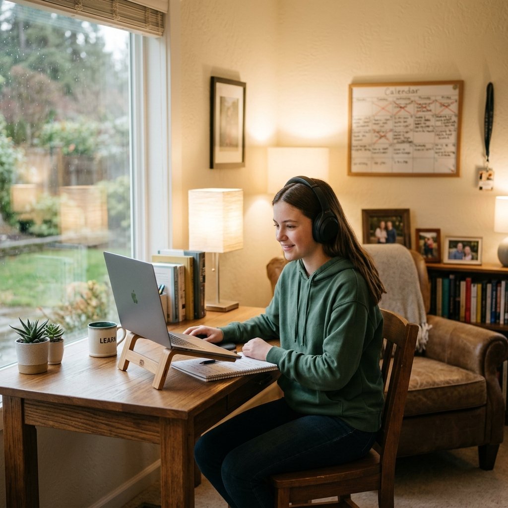 Student studying flexibly in warm cozy room with lamp